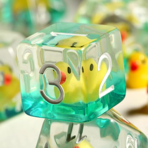 Duck DND Dice Set - 7 Pcs Polyhedral Resin Dice with Gold Numbers and Velvet Bag