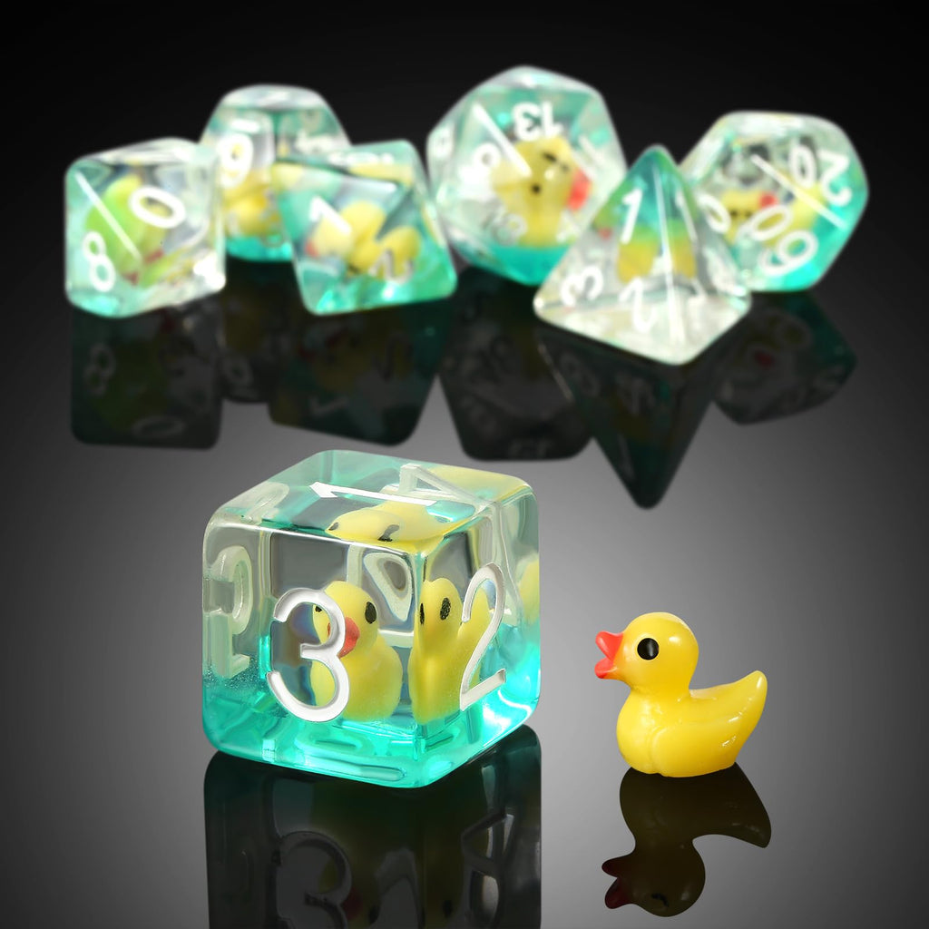 Duck DND Dice Set - 7 Pcs Polyhedral Resin Dice with Gold Numbers and Velvet Bag