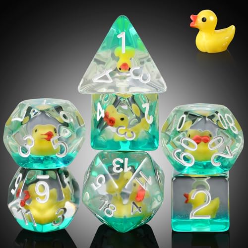Duck DND Dice Set - 7 Pcs Polyhedral Resin Dice with Gold Numbers and Velvet Bag