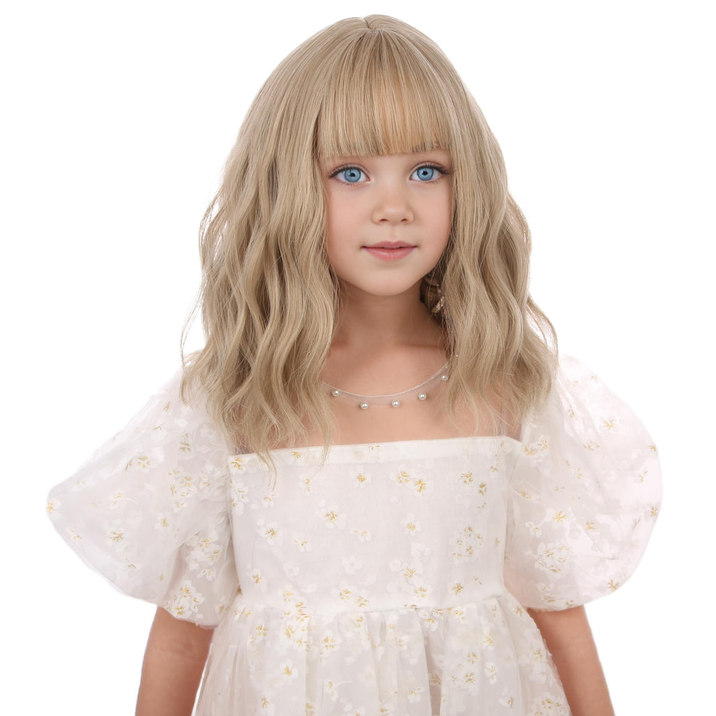 DUDUWIG Girls Ash Blonde Wavy Wig with Air Bangs – 12-Inch Heat Resistant Synthetic Wig for Kids
