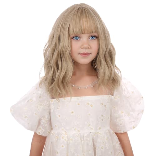DUDUWIG Girls Ash Blonde Wavy Wig with Air Bangs – 12-Inch Heat Resistant Synthetic Wig for Kids