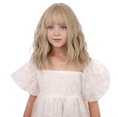 DUDUWIG Girls Ash Blonde Wavy Wig with Air Bangs – 12-Inch Heat Resistant Synthetic Wig for Kids