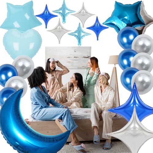 DUFACAI 44-Piece Pajama Party Balloon Set - Blue Moon, Stars & Hearts for Sleepover Decor