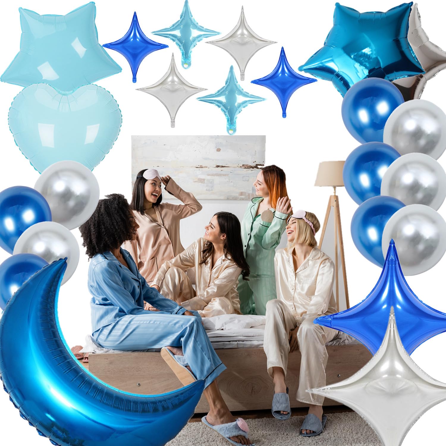 DUFACAI 44-Piece Pajama Party Balloon Set - Blue Moon, Stars & Hearts for Sleepover Decor