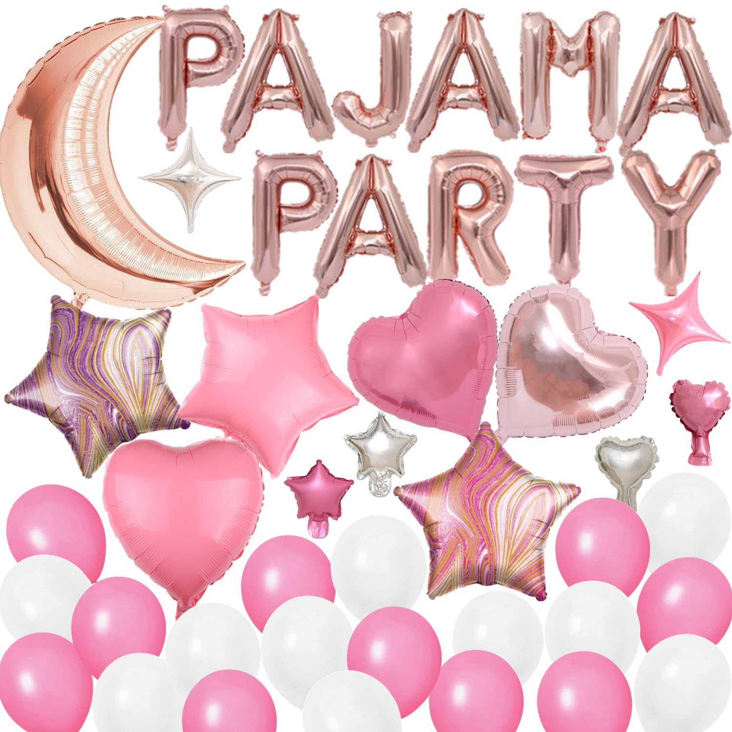 DUFACAI 44-Piece Rose Gold Pajama Party Balloon Set with Moon, Stars, Hearts, and Latex Balloons