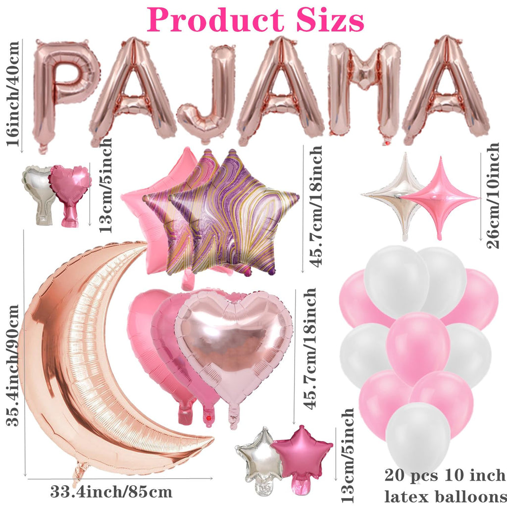 DUFACAI 44-Piece Rose Gold Pajama Party Balloon Set with Moon, Stars, Hearts, and Latex Balloons