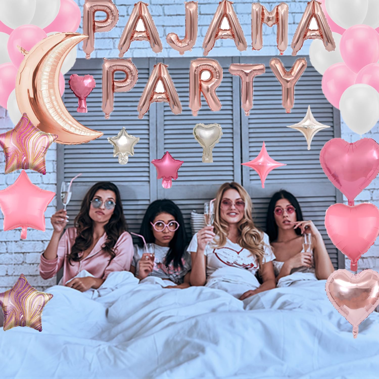 DUFACAI 44-Piece Rose Gold Pajama Party Balloon Set with Moon, Stars, Hearts, and Latex Balloons