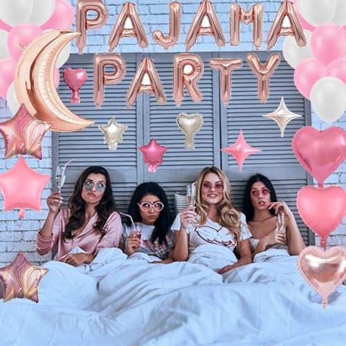 DUFACAI 44-Piece Rose Gold Pajama Party Balloon Set with Moon, Stars, Hearts, and Latex Balloons