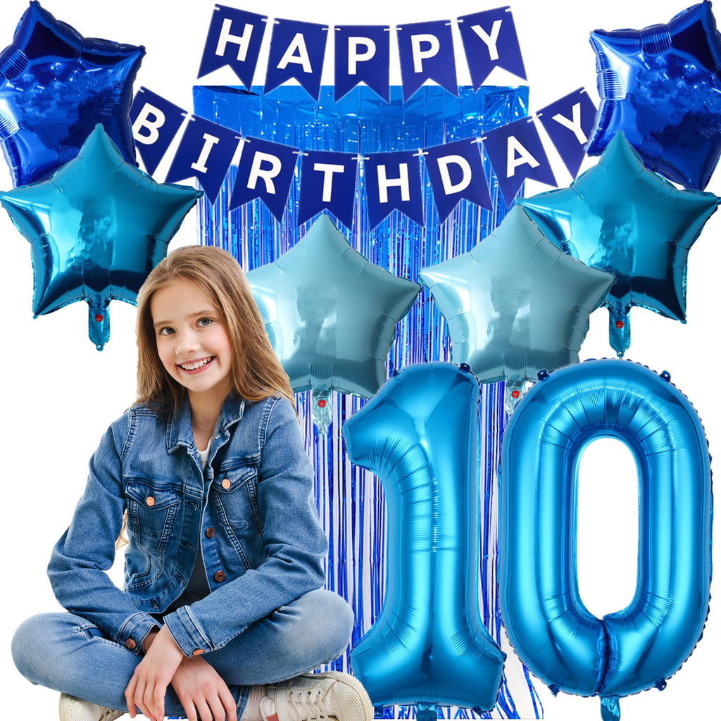 DUFACAI Blue 10th Birthday Party Decorations Kit - Banner, Balloons & Fringe Curtain