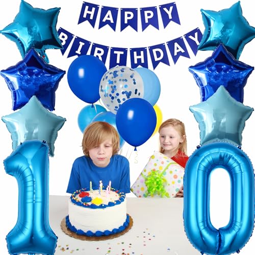 DUFACAI Blue 10th Birthday Party Decorations Kit - Banner, Balloons & Fringe Curtain