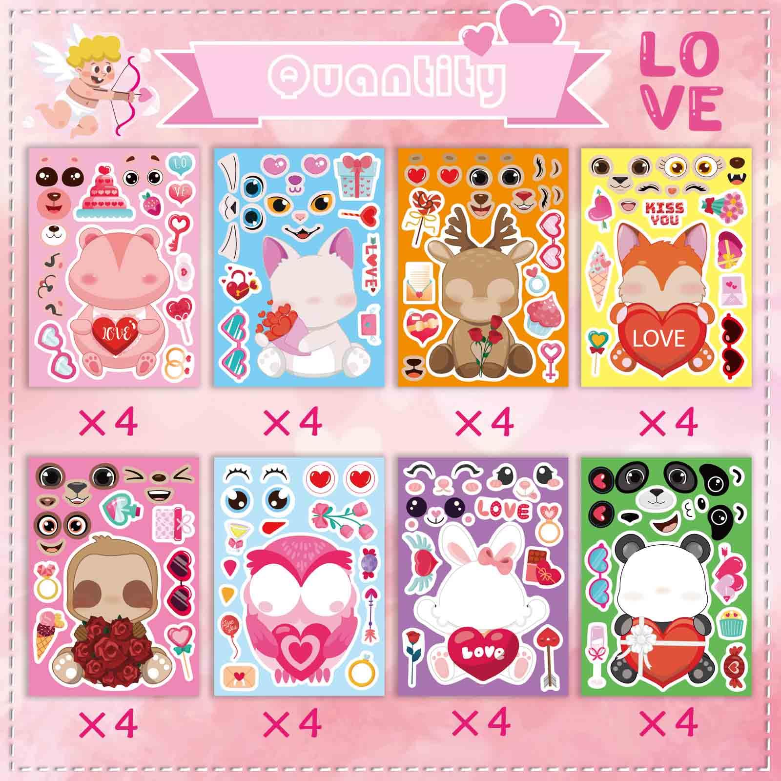 DUJAA 32-Pack Valentine Make a Face Stickers – Cute Animal Designs for Kids Crafts