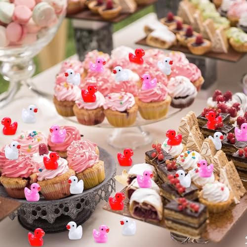 DULEFUN 150-Piece Valentine's Mini Resin Ducks Set - Pink, Red, White Tiny Duck Figures for Dollhouse Decoration, Micro Garden Crafts, Party Favors