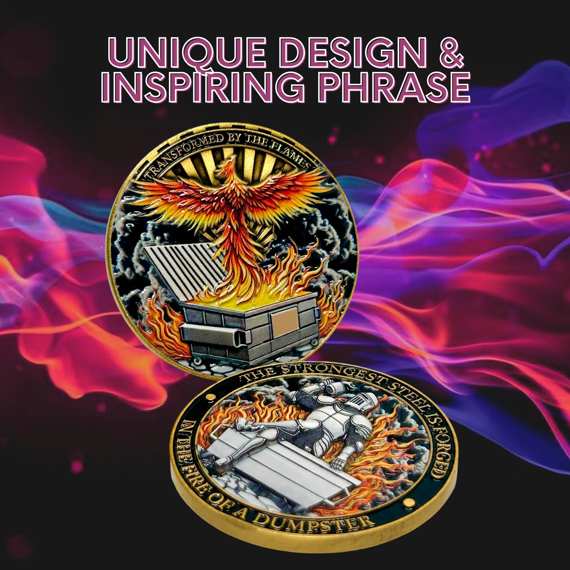 Dumpster Fire Challenge Coin – Phoenix & Knight 3D UV Print Zinc Alloy 1.7 Inch Funny Motivational Gift
