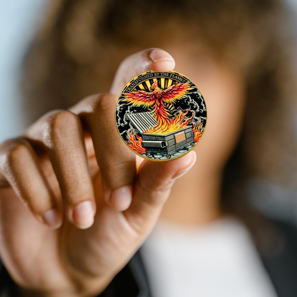 Dumpster Fire Challenge Coin – Phoenix & Knight 3D UV Print Zinc Alloy 1.7 Inch Funny Motivational Gift
