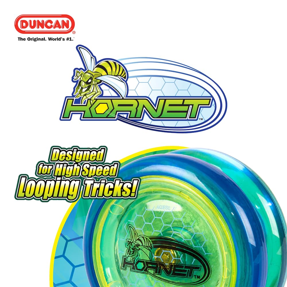 Duncan Hornet Pro Looping Yo-Yo – Blue with Yellow Caps, Ball-Bearing Axle, Intermediate Level