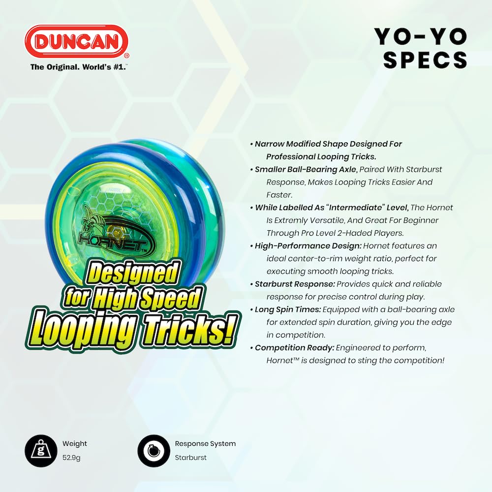 Duncan Hornet Pro Looping Yo-Yo – Blue with Yellow Caps, Ball-Bearing Axle, Intermediate Level