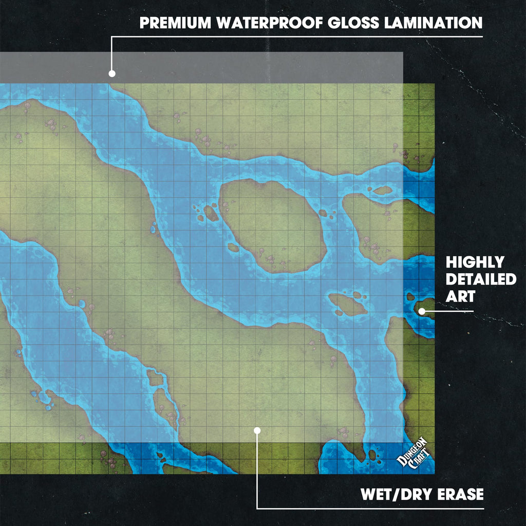 Dungeon Craft Double-Sided Battle Map 24x33 – Grasslands & Riverbank with 1-Inch Grid – Wet/Dry Erase Laminated Mat for D&D and RPG