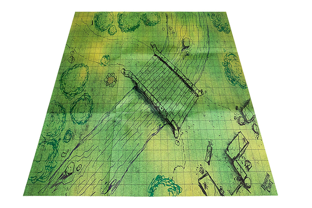 Dungeon Craft Double-Sided Battle Map 24x33 – Grasslands & Riverbank with 1-Inch Grid – Wet/Dry Erase Laminated Mat for D&D and RPG