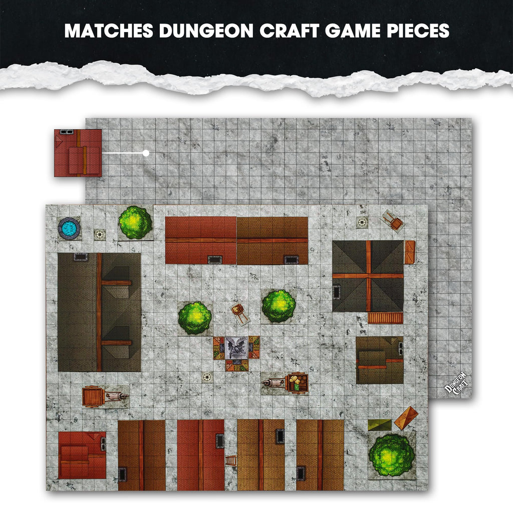 Dungeon Craft Double-Sided Battle Map 24x33 – Laminated Wet/Dry Erase Grid Mat for D&D RPG City Pack
