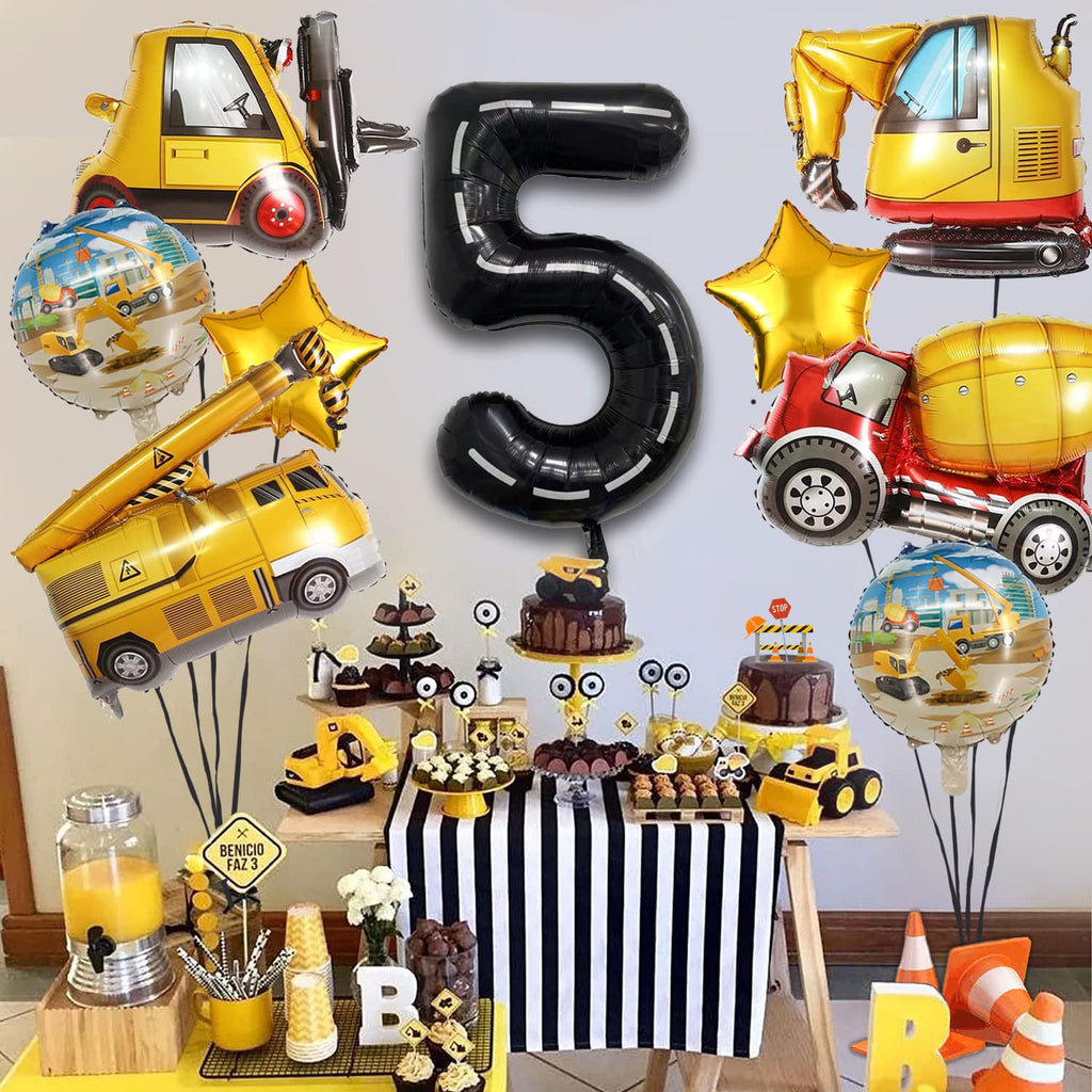 DUNSEO Construction Truck Balloons Set for 5th Birthday - 9 Foil Balloons Including Excavator, Forklift, Crane, Cement Truck, Gold Stars & Number 5