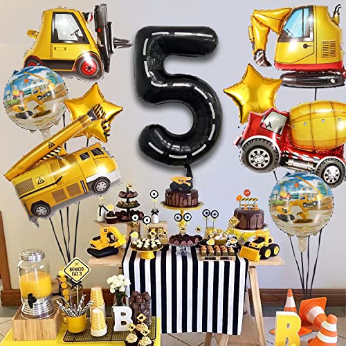 DUNSEO Construction Truck Balloons Set for 5th Birthday - 9 Foil Balloons Including Excavator, Forklift, Crane, Cement Truck, Gold Stars & Number 5