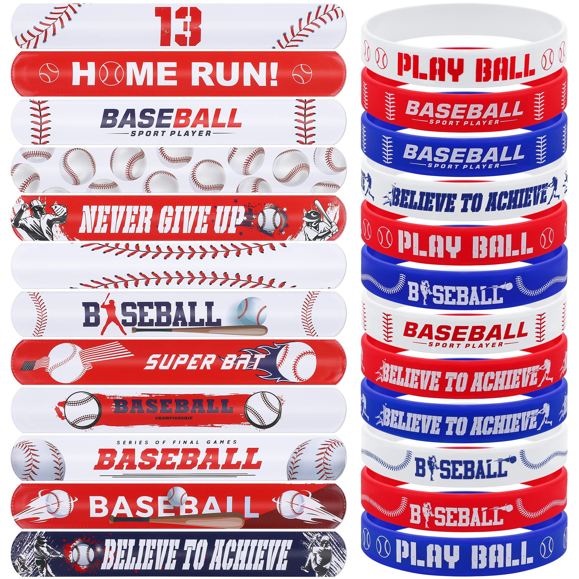 durony 48-Piece Baseball Bracelets Set – 24 Silicone + 24 Slap Bracelets for Party Favors and Prizes