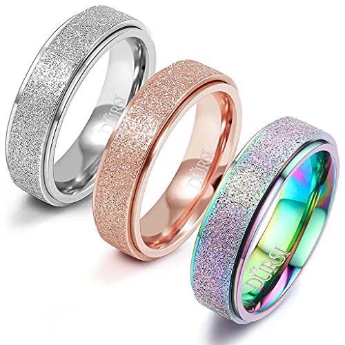 DURSI 3-Piece Stainless Steel Spinner Ring Set – Silver, Rose Gold & Rainbow Fidget Rings for Anxiety (6mm/8mm)