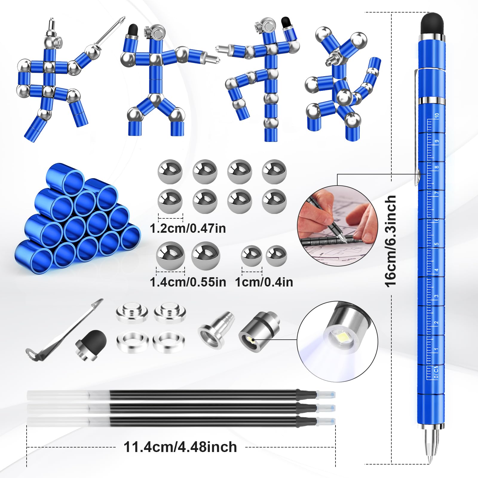 Dusor Multifunction Fidget Pen – 13-Ring Deconstructible Toy Pen with Touchscreen Tip and LED Light