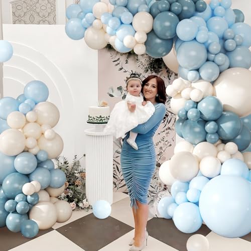 Dusty Blue Balloon Arch Kit 124Pcs - CROSSFINGERS Blue and White Balloon Garland for Baby Shower Bridal Shower Birthday