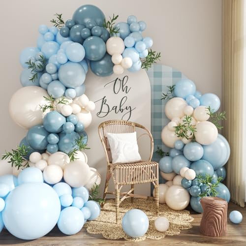 Dusty Blue Balloon Arch Kit 124Pcs - CROSSFINGERS Blue and White Balloon Garland for Baby Shower Bridal Shower Birthday