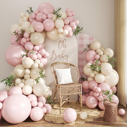 Dusty Pink Balloon Arch Kit 124 Pieces - CROSSFINGERS Boho Pink White Balloon Garland for Baby Shower Birthday Wedding
