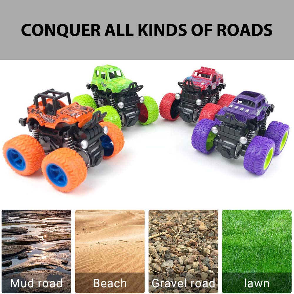 Duyfioa 4-Pack Monster Trucks for Toddlers – Friction Powered Pull Back Cars with 360° Rotation, No Batteries Needed, Ages 3-8