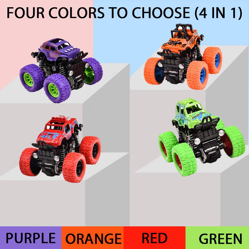 Duyfioa 4-Pack Monster Trucks for Toddlers – Friction Powered Pull Back Cars with 360° Rotation, No Batteries Needed, Ages 3-8