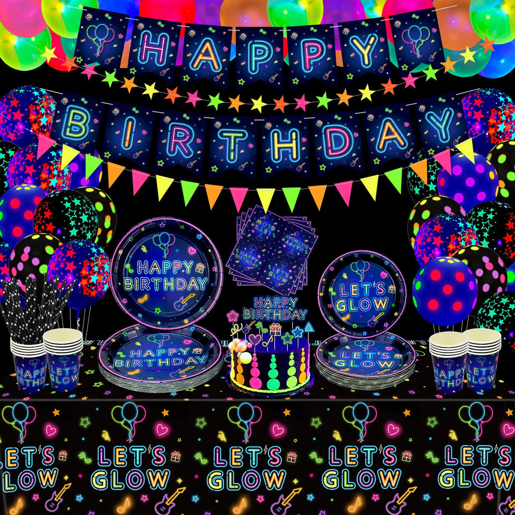 Dvaorc 238-Piece Neon Party Supplies Set – Glow Tableware, Balloons, Banner, Cake Toppers for Blacklight Birthday Decorations (Serves 20)