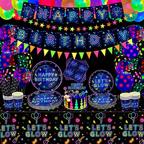Dvaorc 238-Piece Neon Party Supplies Set – Glow Tableware, Balloons, Banner, Cake Toppers for Blacklight Birthday Decorations (Serves 20)