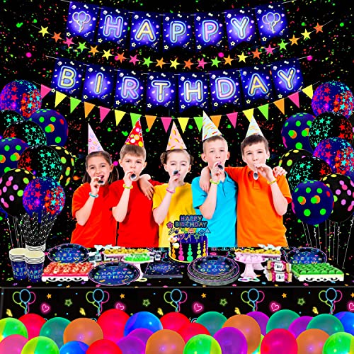 Dvaorc 238-Piece Neon Party Supplies Set – Glow Tableware, Balloons, Banner, Cake Toppers for Blacklight Birthday Decorations (Serves 20)