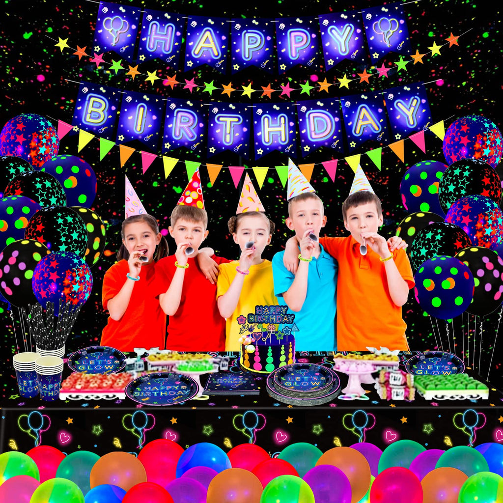 Dvaorc 238-Piece Neon Party Supplies Set – Glow Tableware, Balloons, Banner, Cake Toppers for Blacklight Birthday Decorations (Serves 20)