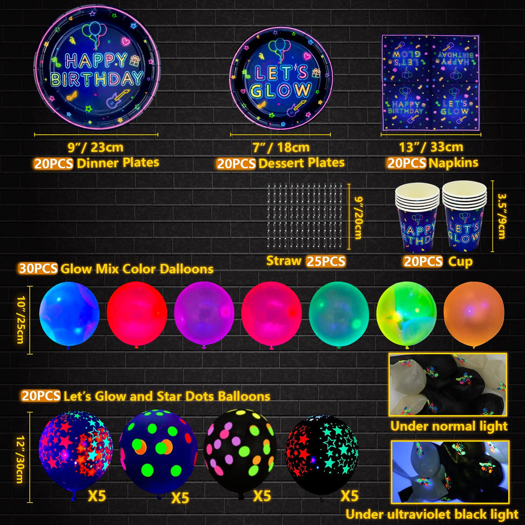 Dvaorc 238-Piece Neon Party Supplies Set – Glow Tableware, Balloons, Banner, Cake Toppers for Blacklight Birthday Decorations (Serves 20)