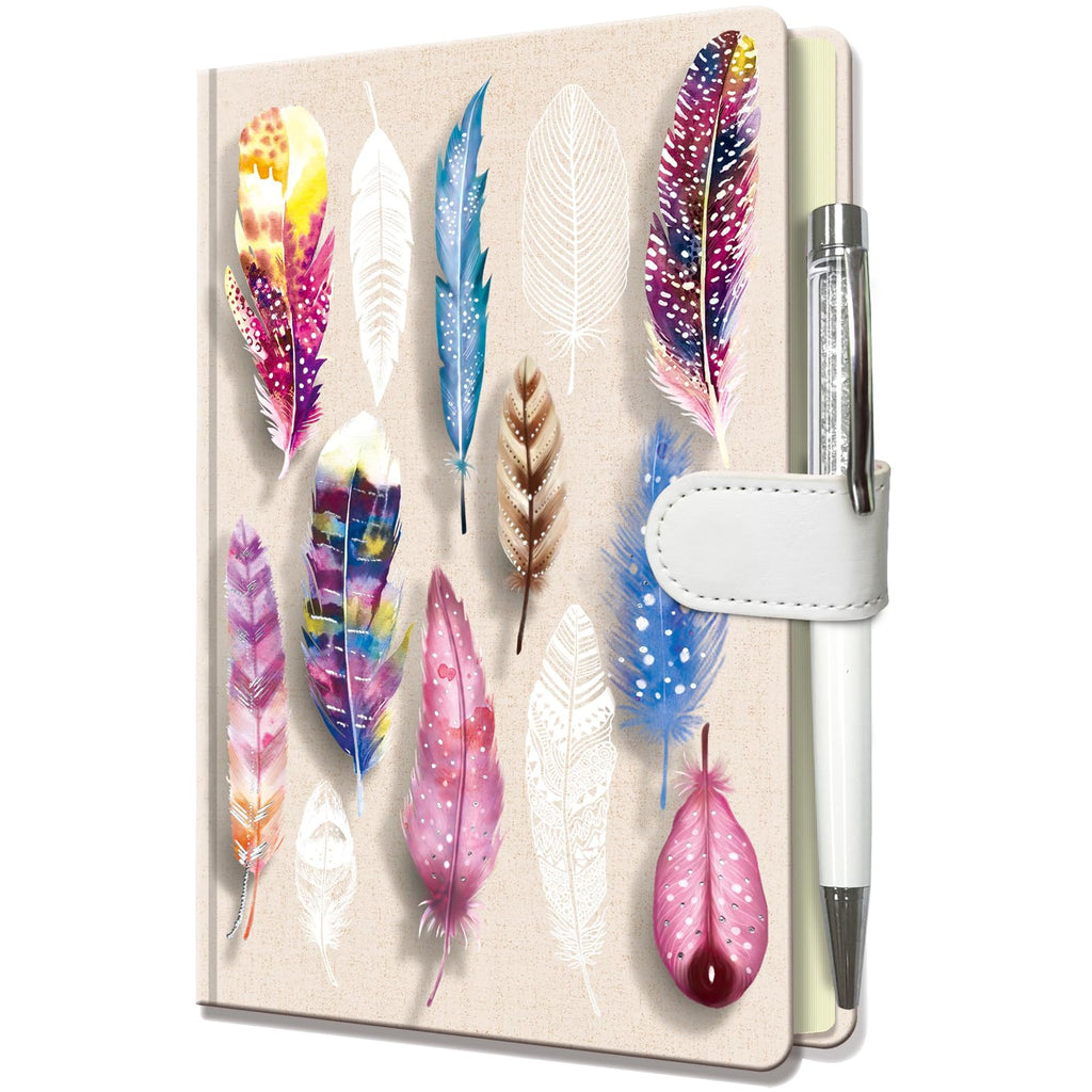DWIYITTN Feather Journal for Girls – A5 Hardcover Lined Notebook with Pen, Magnetic Closure, 192 Pages