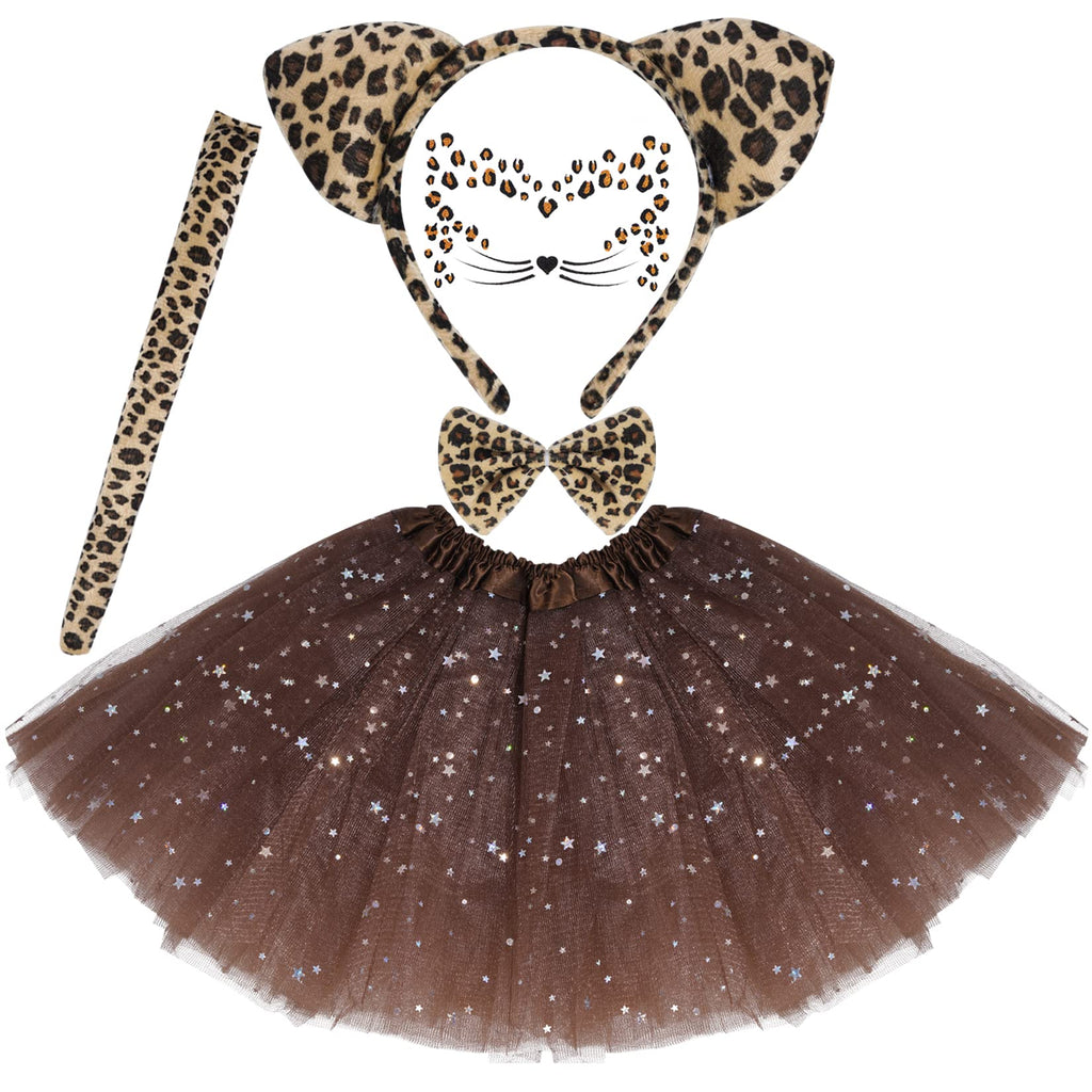 Dxhycc Cat Costume for Girls - Leopard Print Ears Headband, Tutu Skirt, Bow Tie, Tail & Face Stickers for Halloween Party