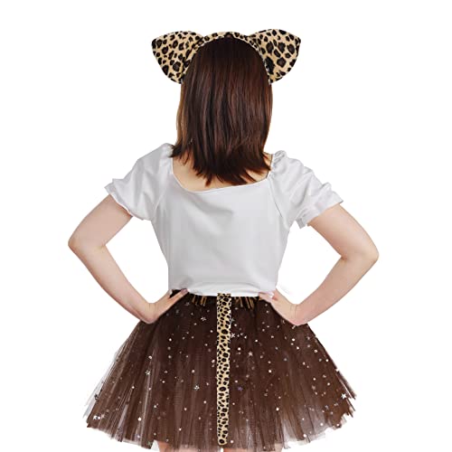 Dxhycc Cat Costume for Girls - Leopard Print Ears Headband, Tutu Skirt, Bow Tie, Tail & Face Stickers for Halloween Party