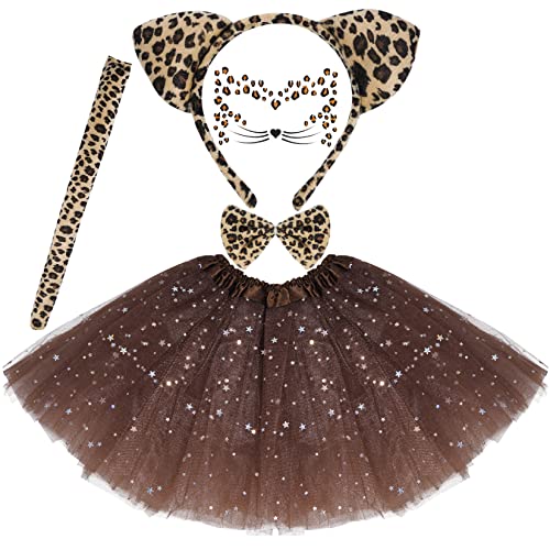 Dxhycc Cat Costume for Girls - Leopard Print Ears Headband, Tutu Skirt, Bow Tie, Tail & Face Stickers for Halloween Party