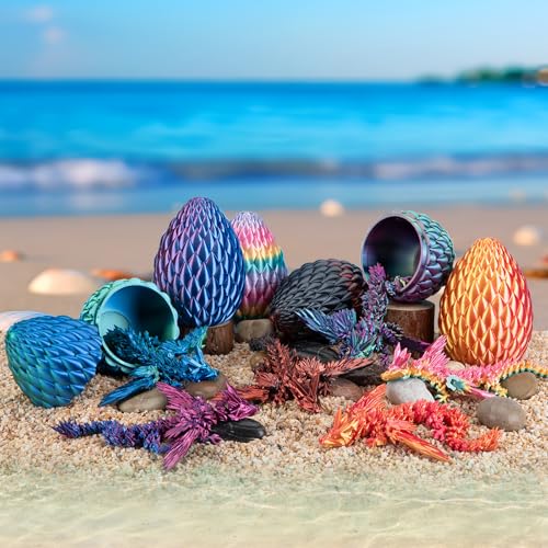 Dxldfks 3D Printed Articulated Dragon with Egg - 9 Inch Winged Dragon and 5.5 Inch Egg in Purple, Yellow, Blue Gradient