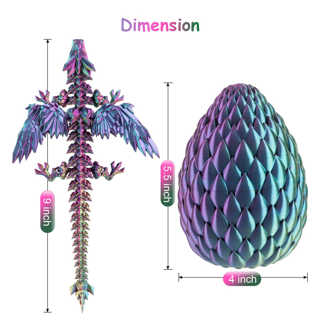 Dxldfks 3D Printed Articulated Dragon with Egg - 9 Inch Winged Dragon and 5.5 Inch Egg in Purple, Yellow, Blue Gradient