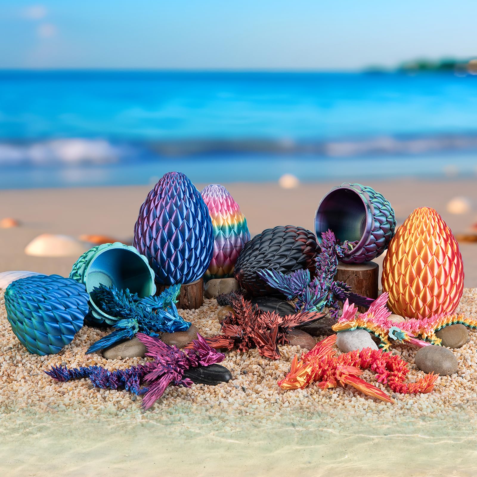 Dxldfks 3D Printed Articulated Dragon with Egg - 9 Inch Winged Dragon and 5.5 Inch Egg in Purple, Yellow, Blue Gradient