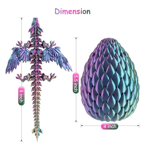 Dxldfks 3D Printed Articulated Dragon with Egg - 9 Inch Winged Dragon and 5.5 Inch Egg in Purple, Yellow, Blue Gradient