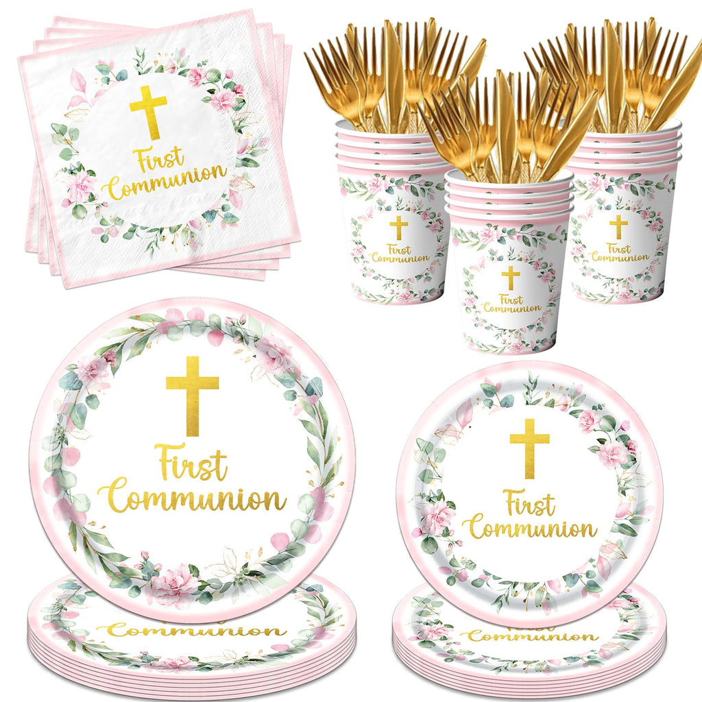 Dydamud Pink First Communion Party Supplies Set for 25 – Plates, Napkins, Cups & Cutlery with Gold Cross Floral Design