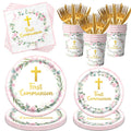 Dydamud Pink First Communion Party Supplies Set for 25 – Plates, Napkins, Cups & Cutlery with Gold Cross Floral Design