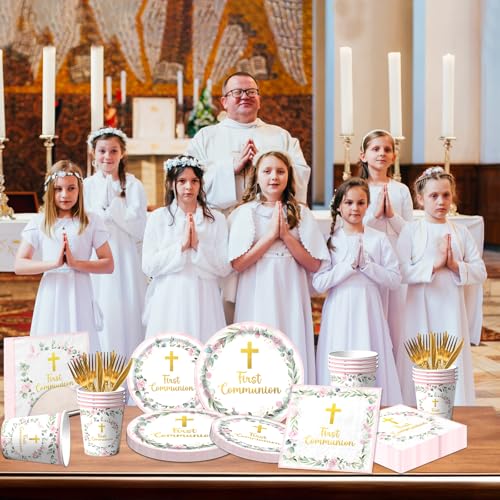 Dydamud Pink First Communion Party Supplies Set for 25 – Plates, Napkins, Cups & Cutlery with Gold Cross Floral Design