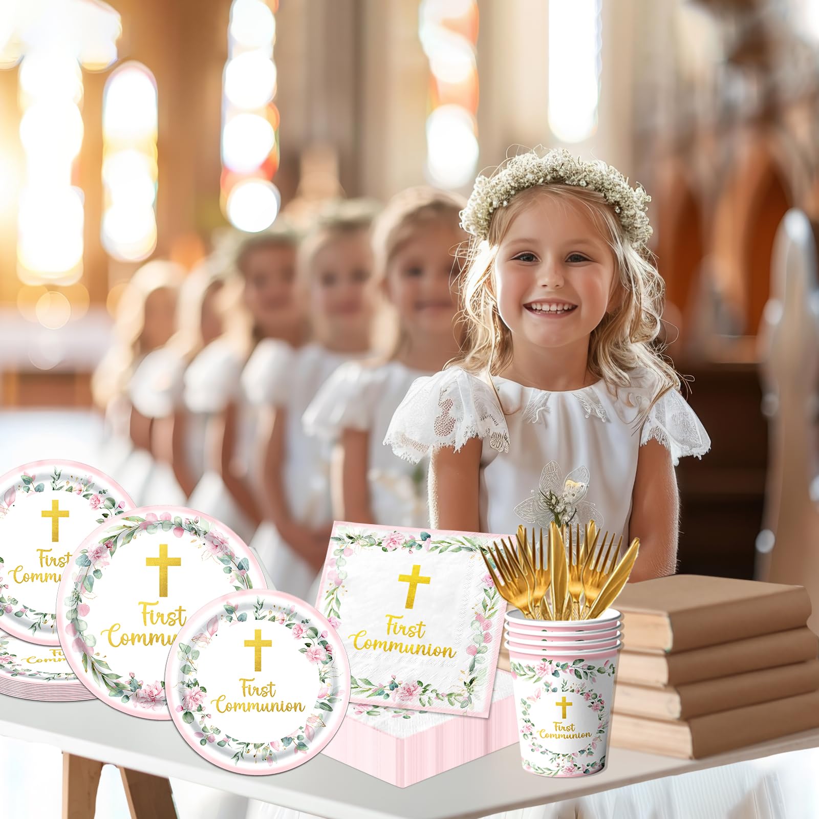 Dydamud Pink First Communion Party Supplies Set for 25 – Plates, Napkins, Cups & Cutlery with Gold Cross Floral Design